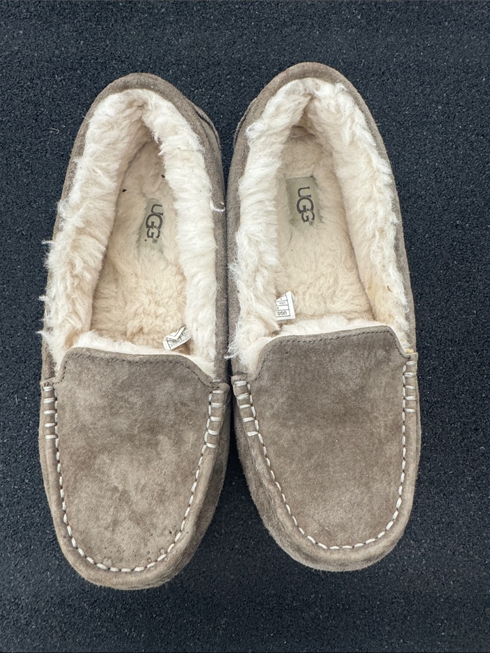 UGG Ansley Taupe Gray Suede Shearling Moccasin Slippers